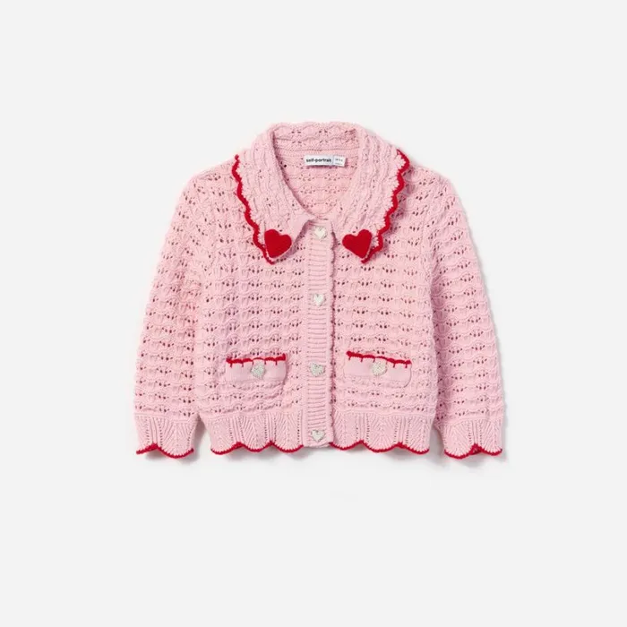 Pink Textured Heart Detail Cardigan Kids Self Portrait Knitwear