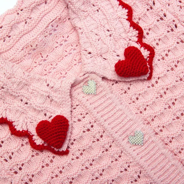 Pink Textured Heart Detail Cardigan Kids Self Portrait Knitwear