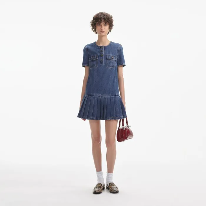Pleated Denim Mini Dress Women Self Portrait Dresses