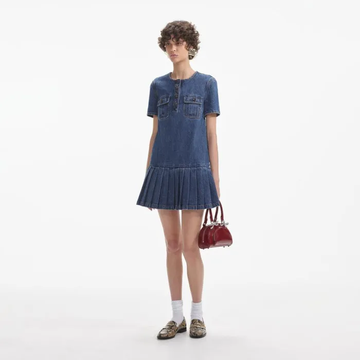 Pleated Denim Mini Dress Women Self Portrait Dresses Pleated Denim Mini Dress Women Self Portrait Dresses