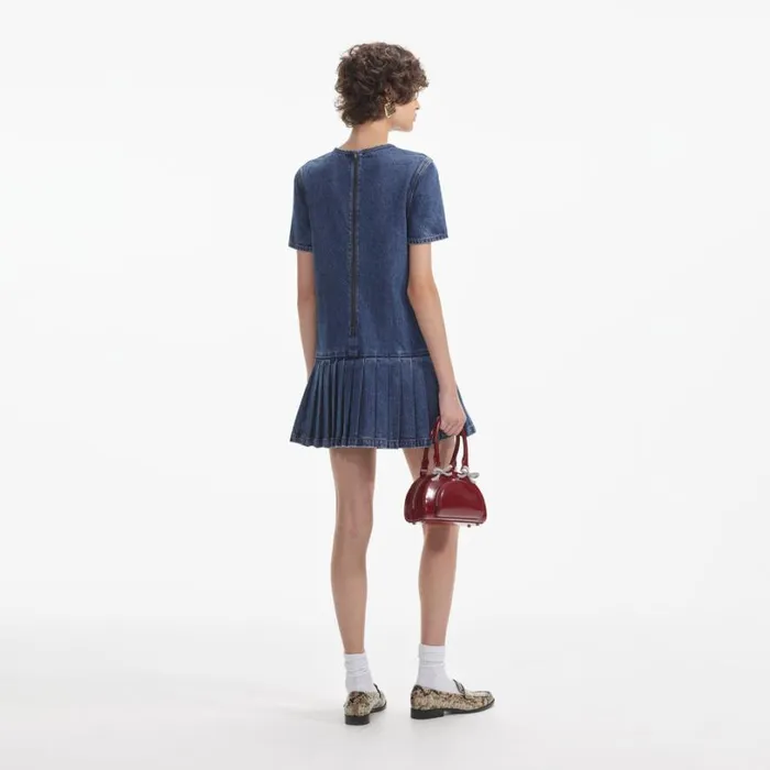 Pleated Denim Mini Dress Women Self Portrait Dresses Pleated Denim Mini Dress Women Self Portrait Dresses