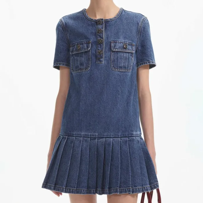 Pleated Denim Mini Dress Women Self Portrait Dresses Pleated Denim Mini Dress Women Self Portrait Dresses