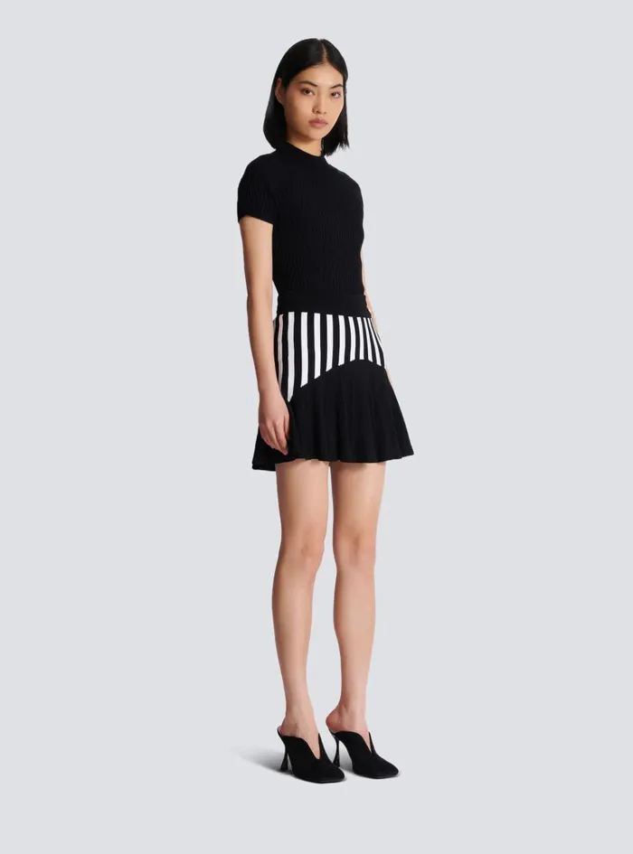 Pleated Striped Knit Skirt Black Women Balmain Skirts