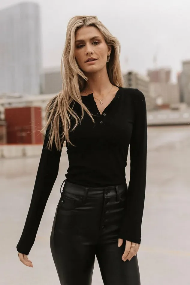 Quincy Henley Top In Black Black Women Bohme Tops