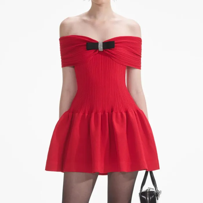 Red Knit Bow Mini Dress Women Self Portrait Dresses Red Knit Bow Mini Dress Women Self Portrait Dresses