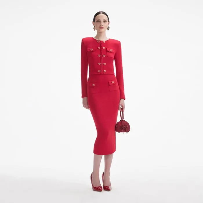 Red Knit Heart Buttoned Midi Skirt Women Self Portrait Knitwear