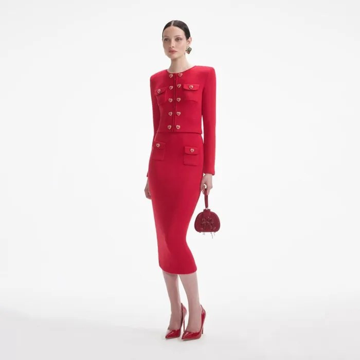 Red Knit Heart Buttoned Midi Skirt Women Self Portrait Knitwear Red Knit Heart Buttoned Midi Skirt Women Self Portrait Knitwear