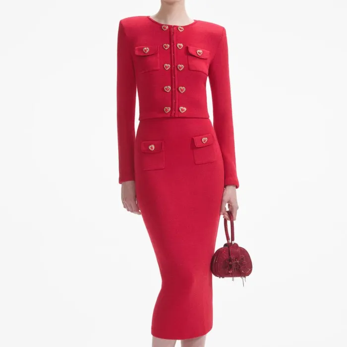 Red Knit Heart Buttoned Midi Skirt Women Self Portrait Knitwear Red Knit Heart Buttoned Midi Skirt Women Self Portrait Knitwear