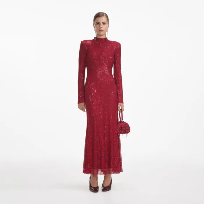 Red Rhinestone Fishnet Midi Dress Women Self Portrait Dresses
