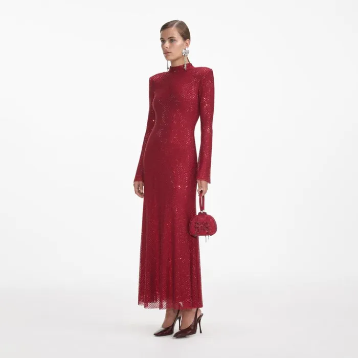 Red Rhinestone Fishnet Midi Dress Women Self Portrait Dresses