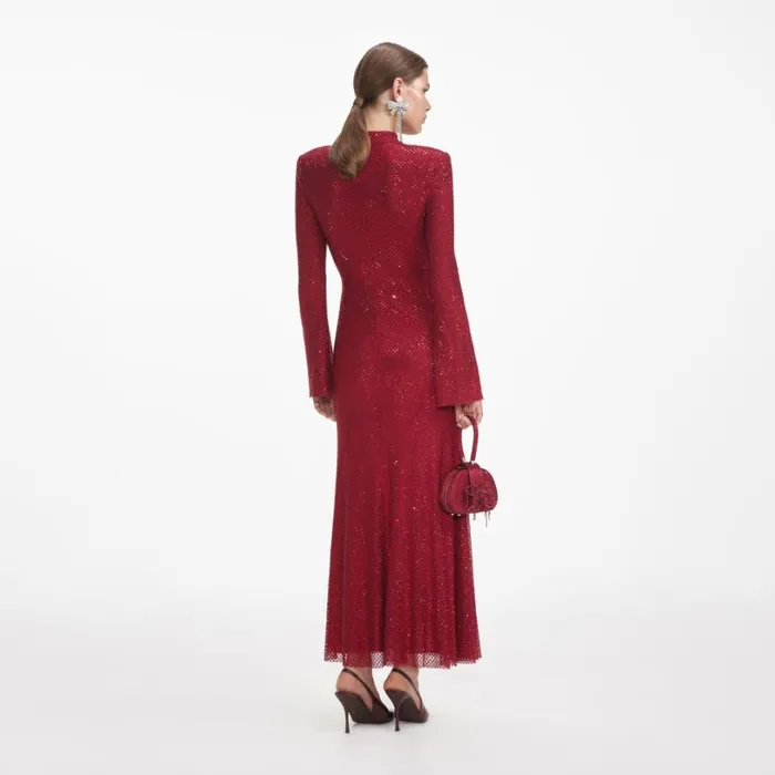 Red Rhinestone Fishnet Midi Dress Women Self Portrait Dresses