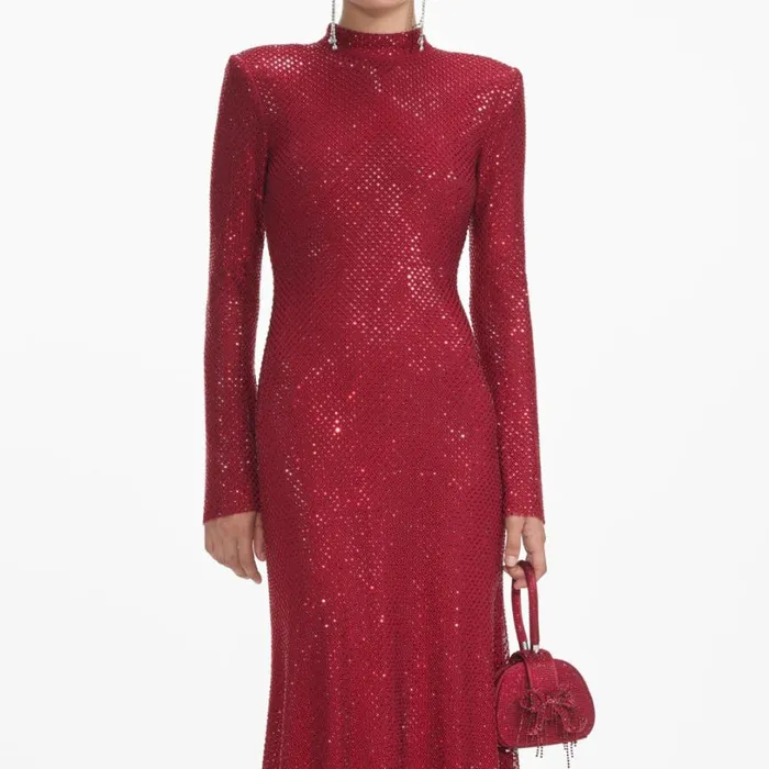 Red Rhinestone Fishnet Midi Dress Women Self Portrait Dresses