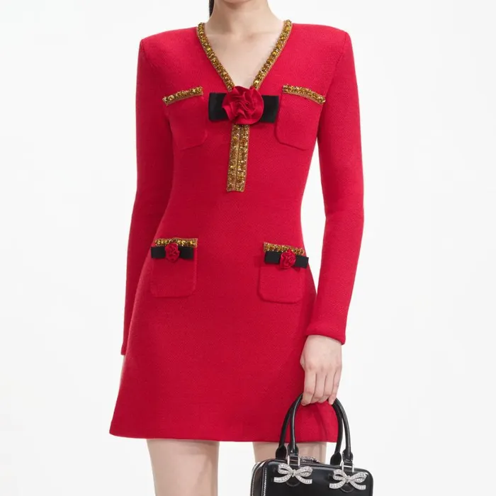 Red Textured Knit Corsage Mini Dress Women Self Portrait Dresses