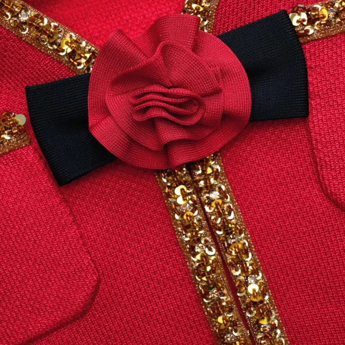 Red Textured Knit Corsage Mini Dress Women Self Portrait Dresses