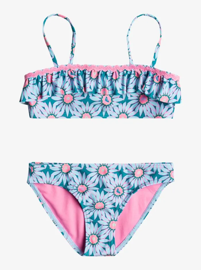 Roxy Swim Girl039s 27 Bold Florals Two Piece Bandeau Bikini Set Crystal Teal Sol Flower 8211 Kids