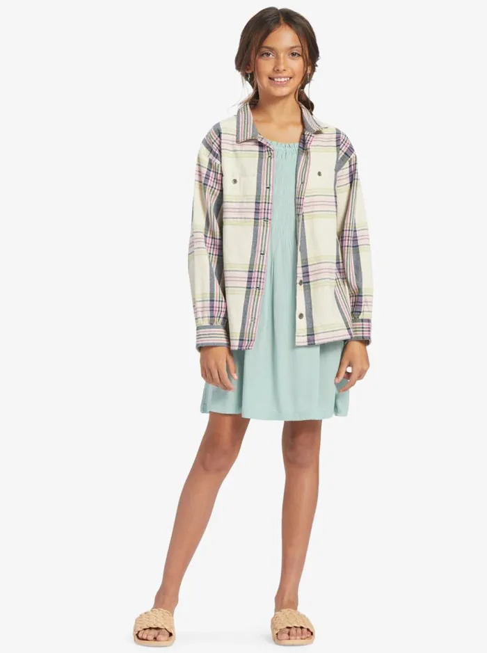 Roxy Tees and Tanks Girl039s 416 Something Beautiful Plaid Oversized Shirt Tapioca Right Plaid 8211 Kids