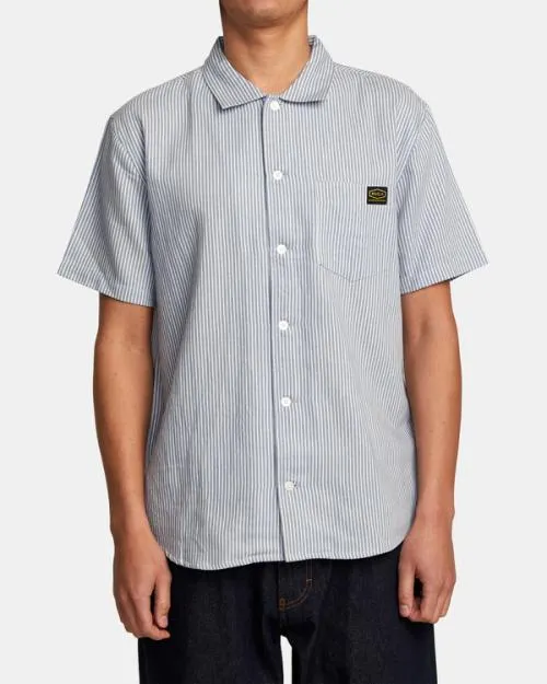 Rvca Dayshift Stripe II Short Sleeve Shirt Deja Blue Men Shirts and Flannels