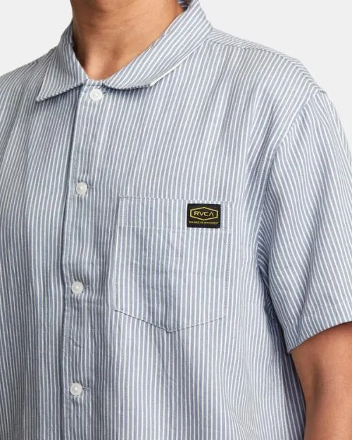 Rvca Dayshift Stripe II Short Sleeve Shirt Deja Blue Men Shirts and Flannels