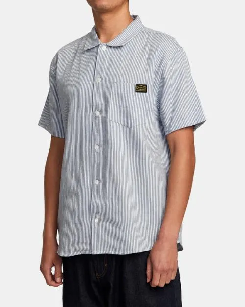 Rvca Dayshift Stripe II Short Sleeve Shirt Deja Blue Men Shirts and Flannels