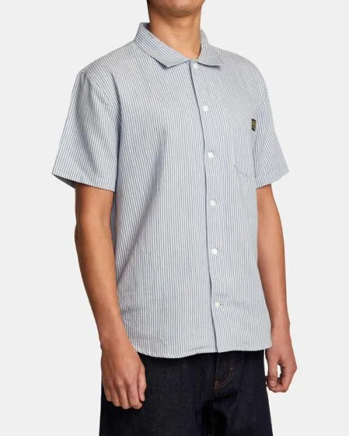 Rvca Dayshift Stripe II Short Sleeve Shirt Deja Blue Men Shirts and Flannels