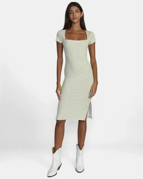 Rvca Partition Midi Dress Lime Yellow Women Dresses and Rompers