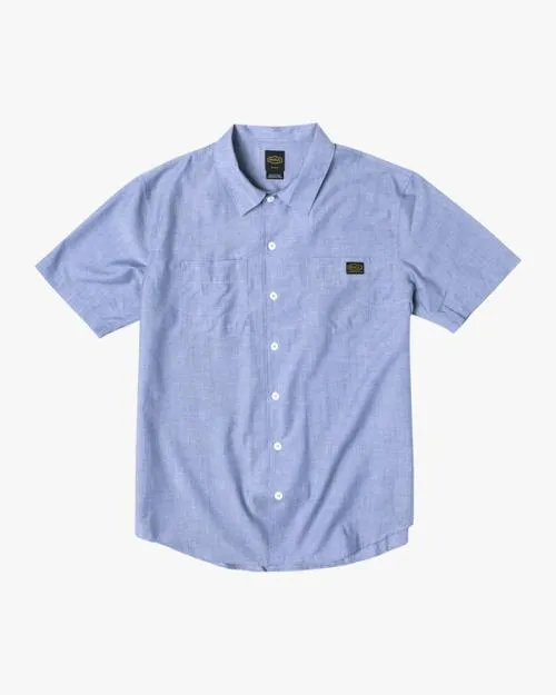 Rvca Recession Collection Day Shift Short Sleeve Shirt Blue Chambray Men Shirts and Flannels