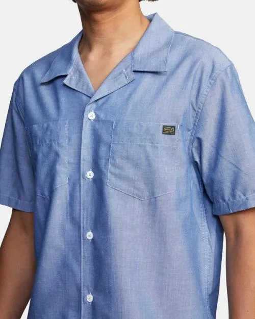 Rvca Recession Collection Day Shift Short Sleeve Shirt Blue Chambray Men Shirts and Flannels