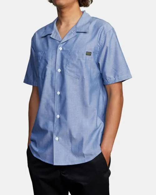 Rvca Recession Collection Day Shift Short Sleeve Shirt Blue Chambray Men Shirts and Flannels