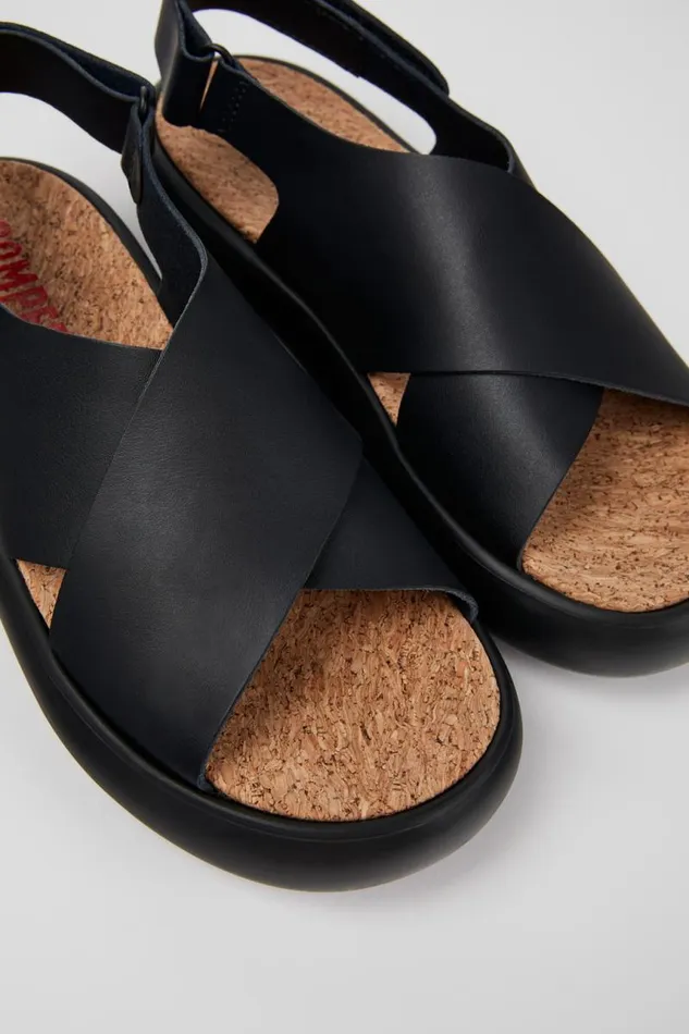 Sandals Women Camper Pelotas Flota Black Leather Crossstrap Sandal