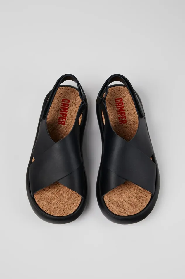 Sandals Women Camper Pelotas Flota Black Leather Crossstrap Sandal
