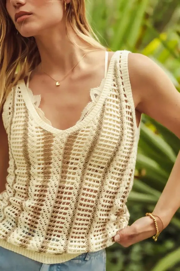 Seeley Crochet Tank In Taupe Taupe Women Bohme Tees and Tanks