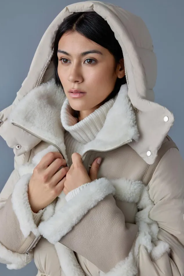 Shearling Jackets Women Mackage LILIBETH Mixedmedia Shearling Down Parka Trenchnatural