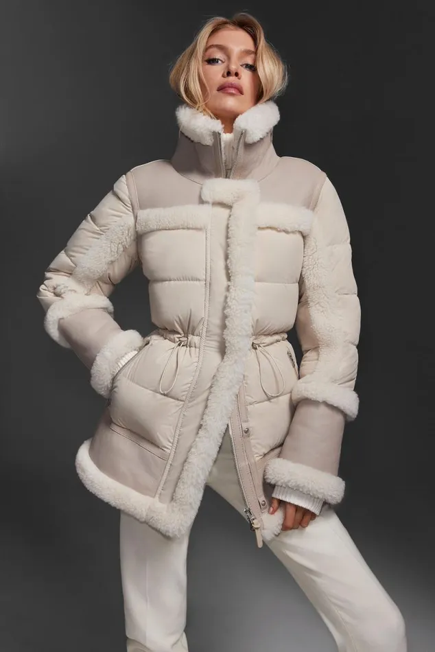 Shearling Jackets Women Mackage LILIBETH Mixedmedia Shearling Down Parka Trenchnatural