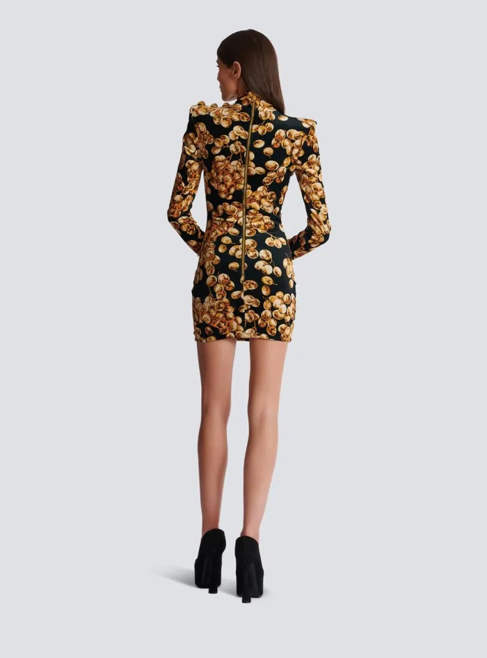 Short Velvet Dress With Grape Print Gold Women Balmain Dresses