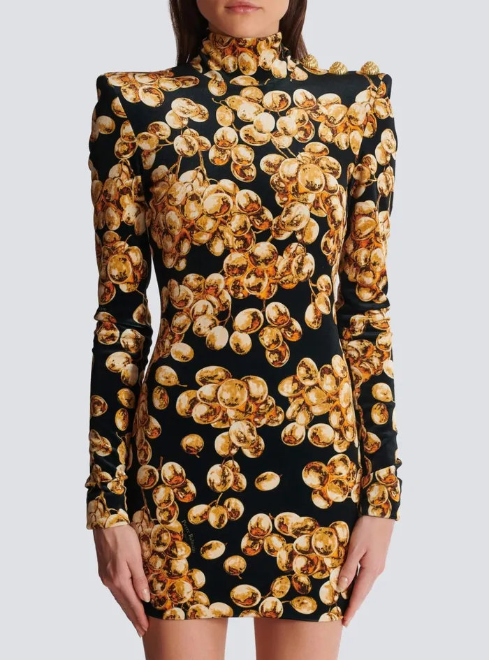 Short Velvet Dress With Grape Print Gold Women Balmain Dresses