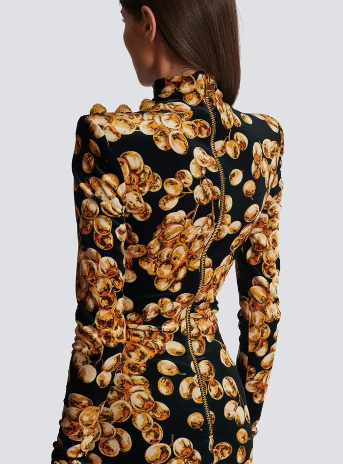 Short Velvet Dress With Grape Print Gold Women Balmain Dresses