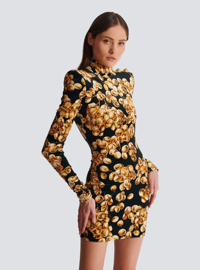 Short Velvet Dress With Grape Print Gold Women Balmain Dresses