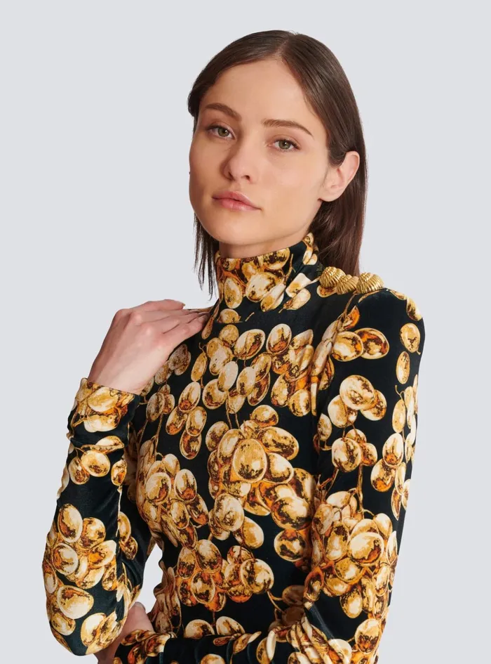 Short Velvet Dress With Grape Print Gold Women Balmain Dresses