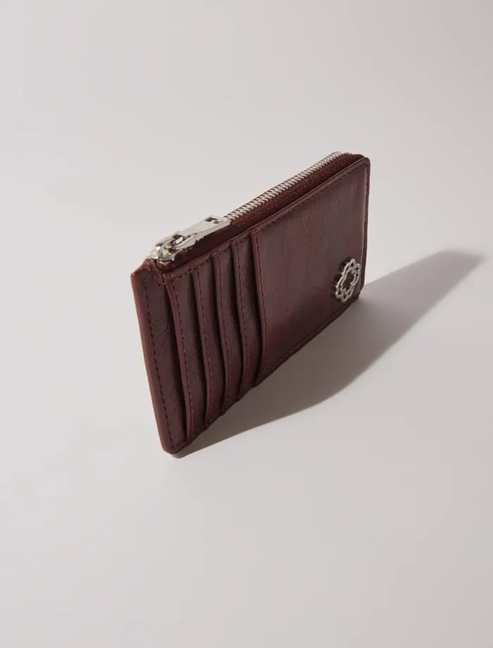Small Leather Goods Women Maje Crackled Leather Cardholder Burgundy