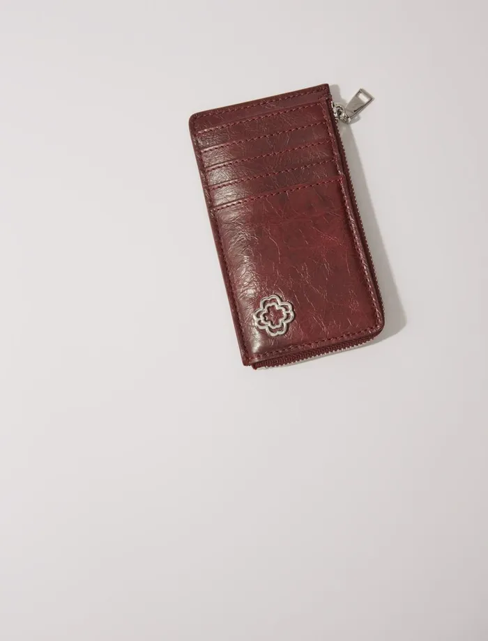 Small Leather Goods Women Maje Crackled Leather Cardholder Burgundy