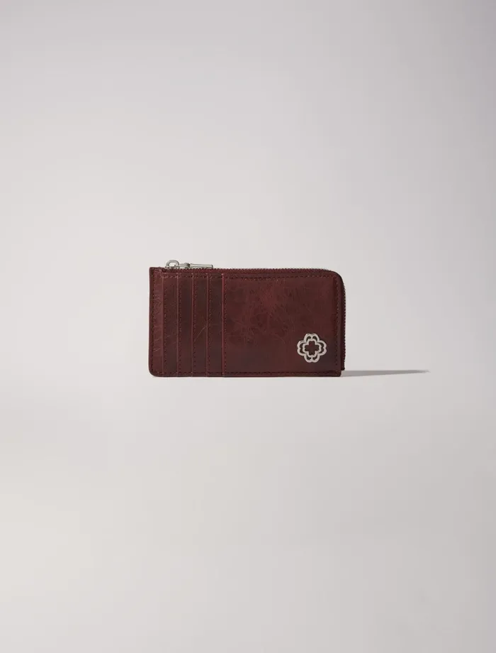 Small Leather Goods Women Maje Crackled Leather Cardholder Burgundy