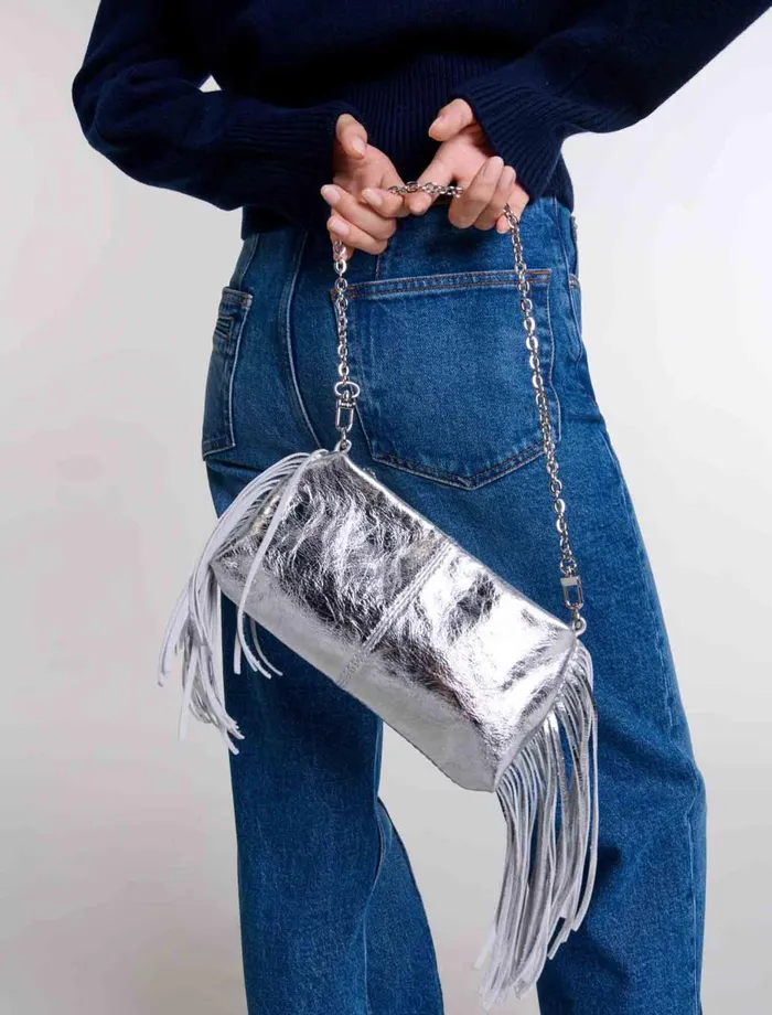 Small Leather Goods Women Maje Miss M Leather Clutch Bag Silver