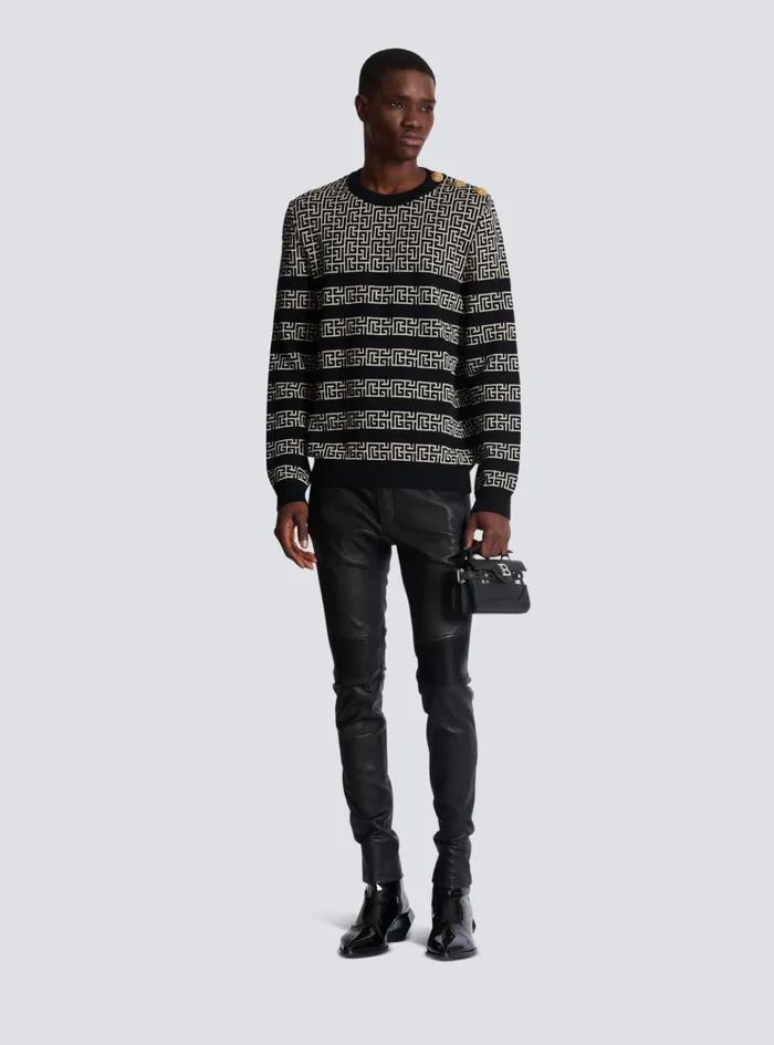 Striped PB Labyrinth Wool And Linen Jumper Black Men Balmain Knitwear