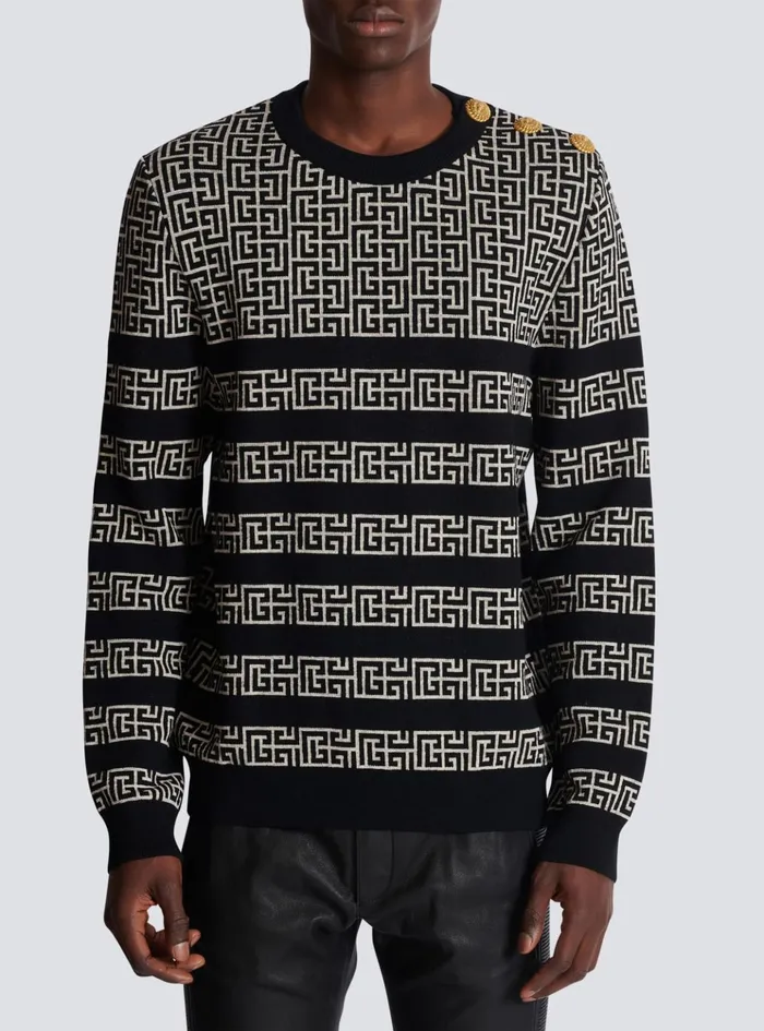 Striped PB Labyrinth Wool And Linen Jumper Black Men Balmain Knitwear