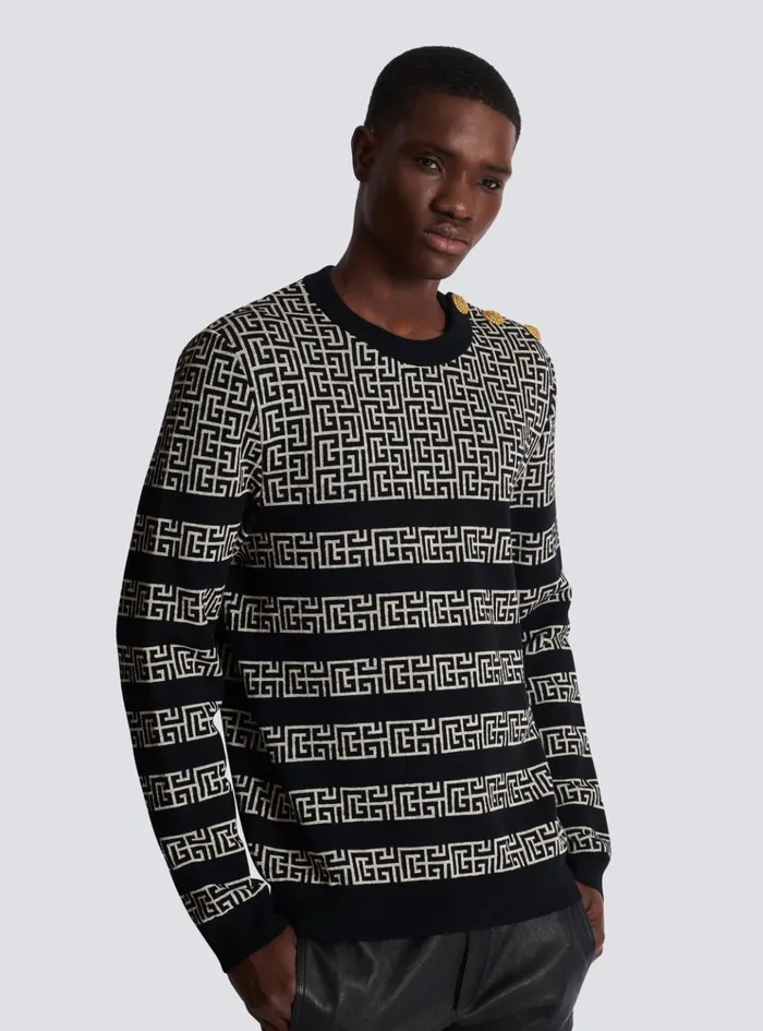 Striped PB Labyrinth Wool And Linen Jumper Black Men Balmain Knitwear