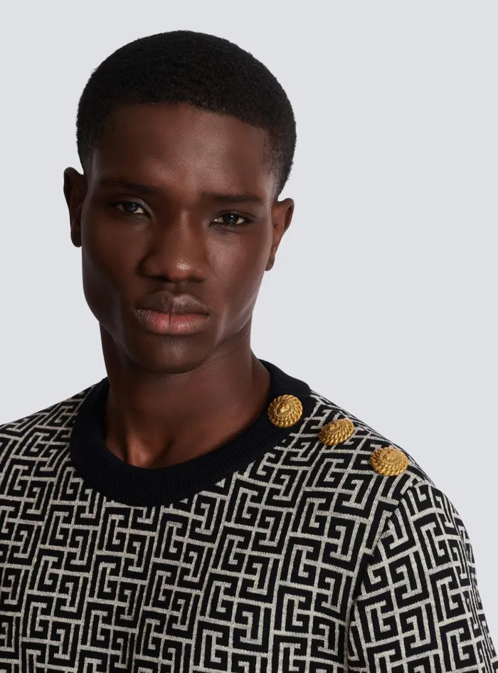 Striped PB Labyrinth Wool And Linen Jumper Black Men Balmain Knitwear