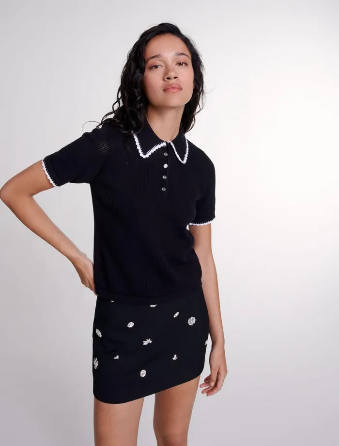Sweaters and Cardigans Women Maje Pointelle Knit Polo Shirt Black