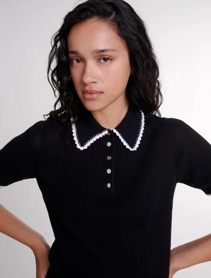 Sweaters and Cardigans Women Maje Pointelle Knit Polo Shirt Black