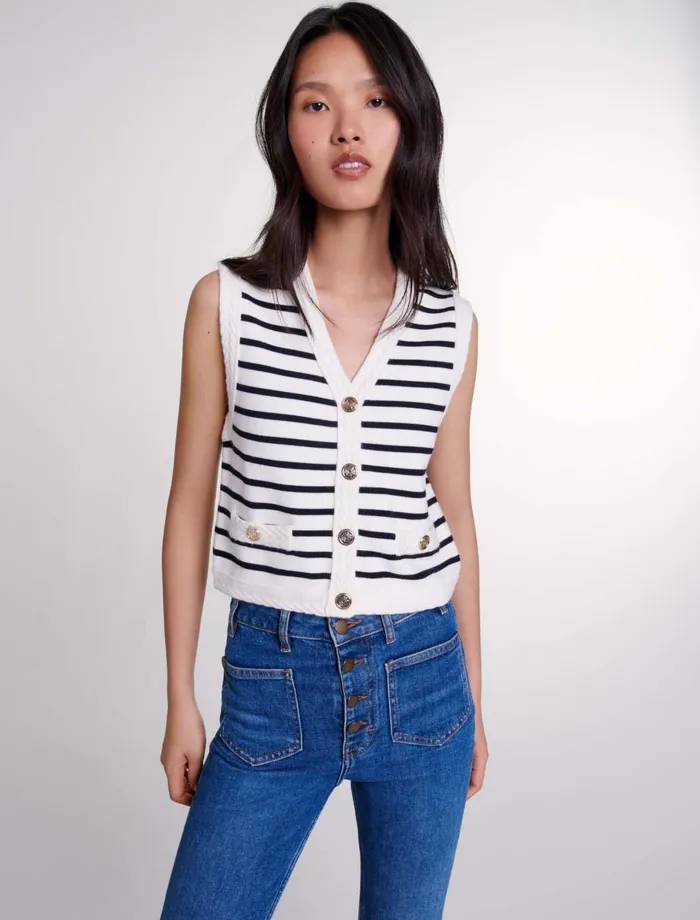 Sweaters and Cardigans Women Maje Sleeveless Striped Cardigan Navy Ecru