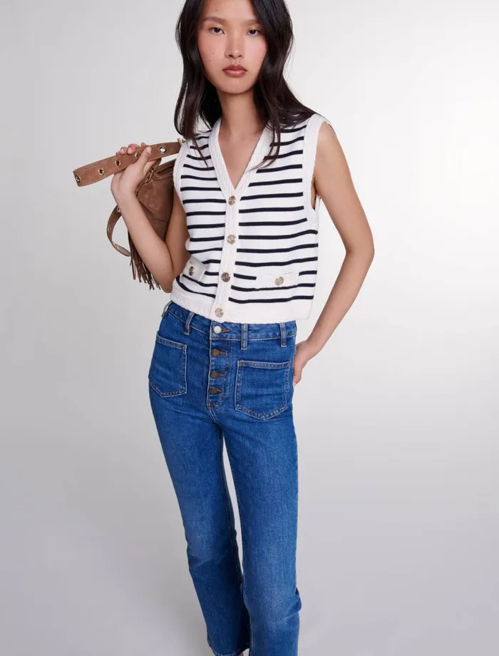 Sweaters and Cardigans Women Maje Sleeveless Striped Cardigan Navy Ecru